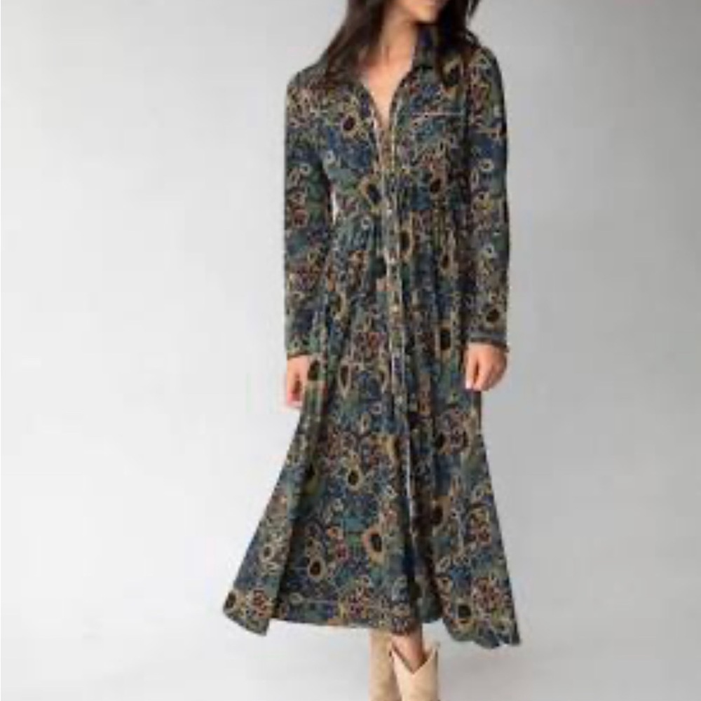 Christa Cotton Midi Dress - Navy Tan Dahlias